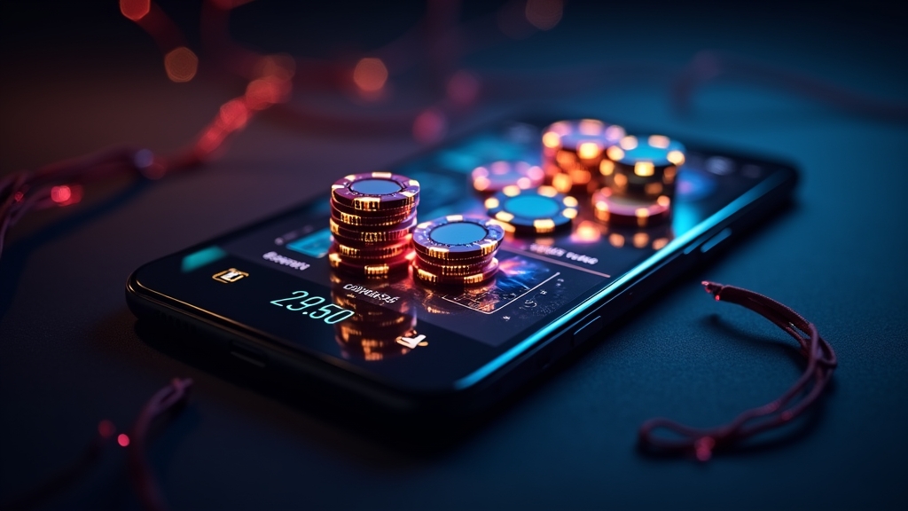 Android phone showing a casino-style mobile gaming lobby in a dark neon setting