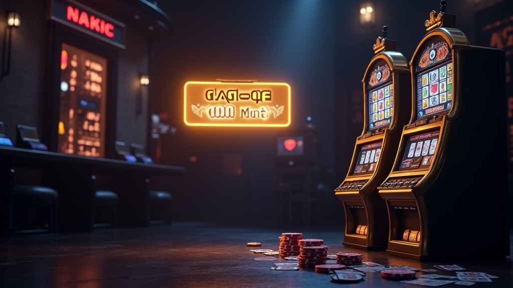 Casino bonus screen and slot machine in a dark gold-lit lobby