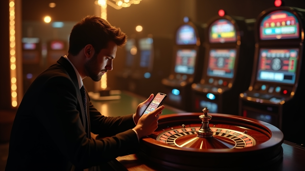 Player reviewing a no-deposit bonus offer in a dim casino setting