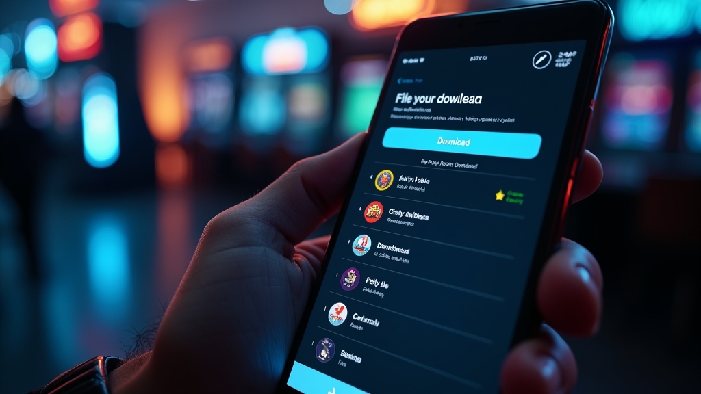 Android phone showing a casino app download screen with neon lighting