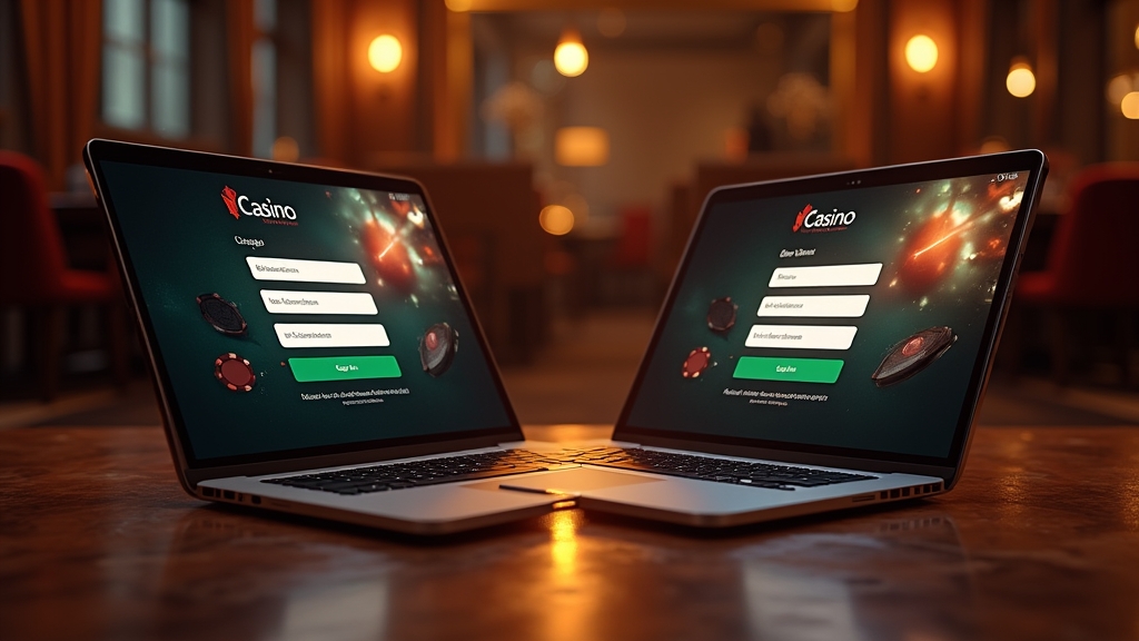 Portátil de escritorio y smartphone mostrando una pantalla de inicio de sesión de casino en un entorno oscuro